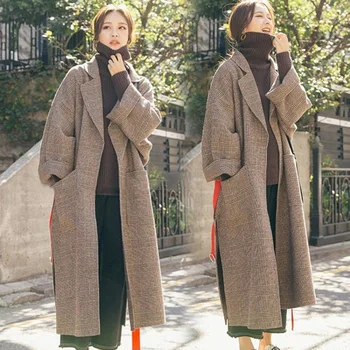 

Women Wool Coat Plaid Suit Collar Long Sleeve Office Lady Coat Jackets IK88