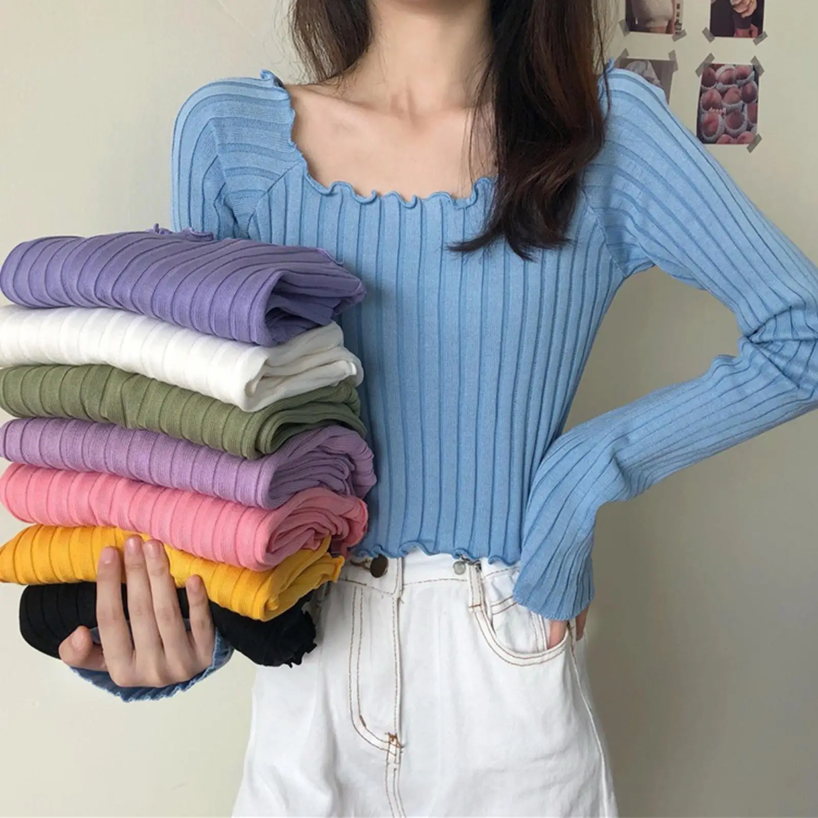 

Women Tops And Bloues Autumn Women Solid Color Square Neck Long Sleeve Wavy Hem Crop Top Slim Knitwear