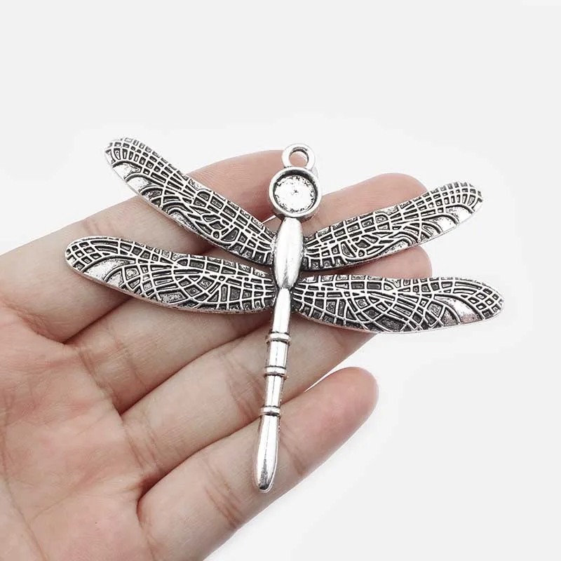 

2 Pcs Antique Silver Large Dragonfly Charms Pendant 8mm Round Cabochon Blank Bezel Necklace Jewelry Findings Making 81*65mm