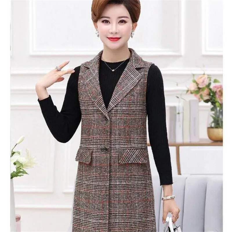 Женский Ретро твидовый в клетку жилет 2019 весна осень Карманы длинный пиджак с