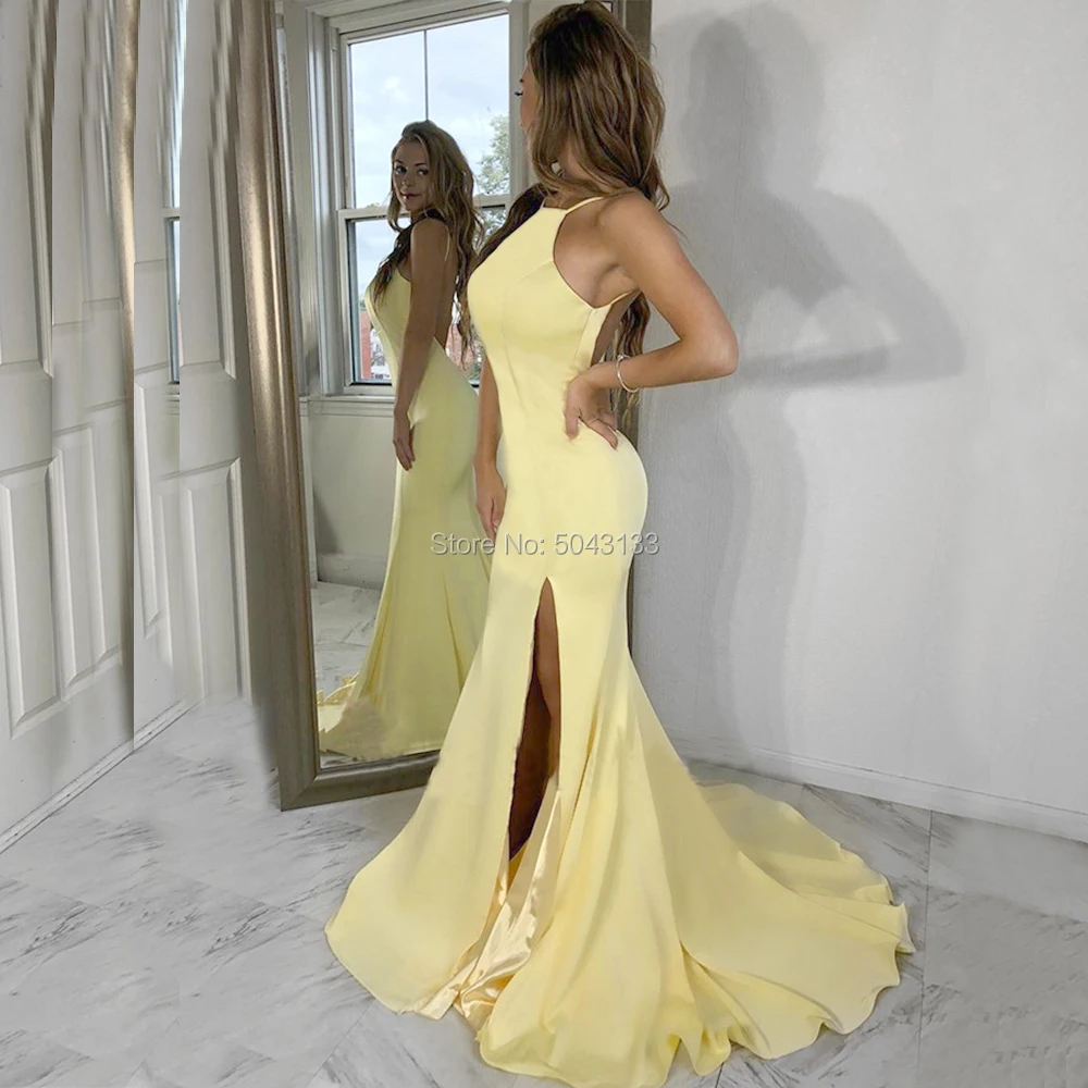 

2020 Bright Yellow Mermaid Prom Dress Low Open Back Prom Gown Sexy Side Slit Sleeveless Formal Party Dress Long Evening Gowns