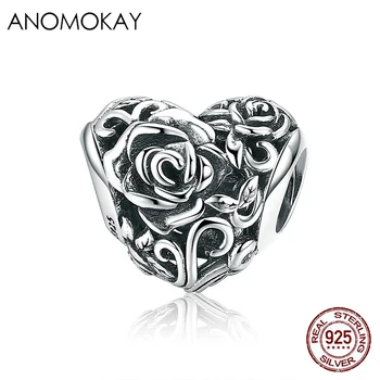 

Anomokay Romantic 925 Sterling Silver Rose Flower Engrave Heart Charm fit Bracelets & Bangles S925 Silver Bead for DIY Jewelry