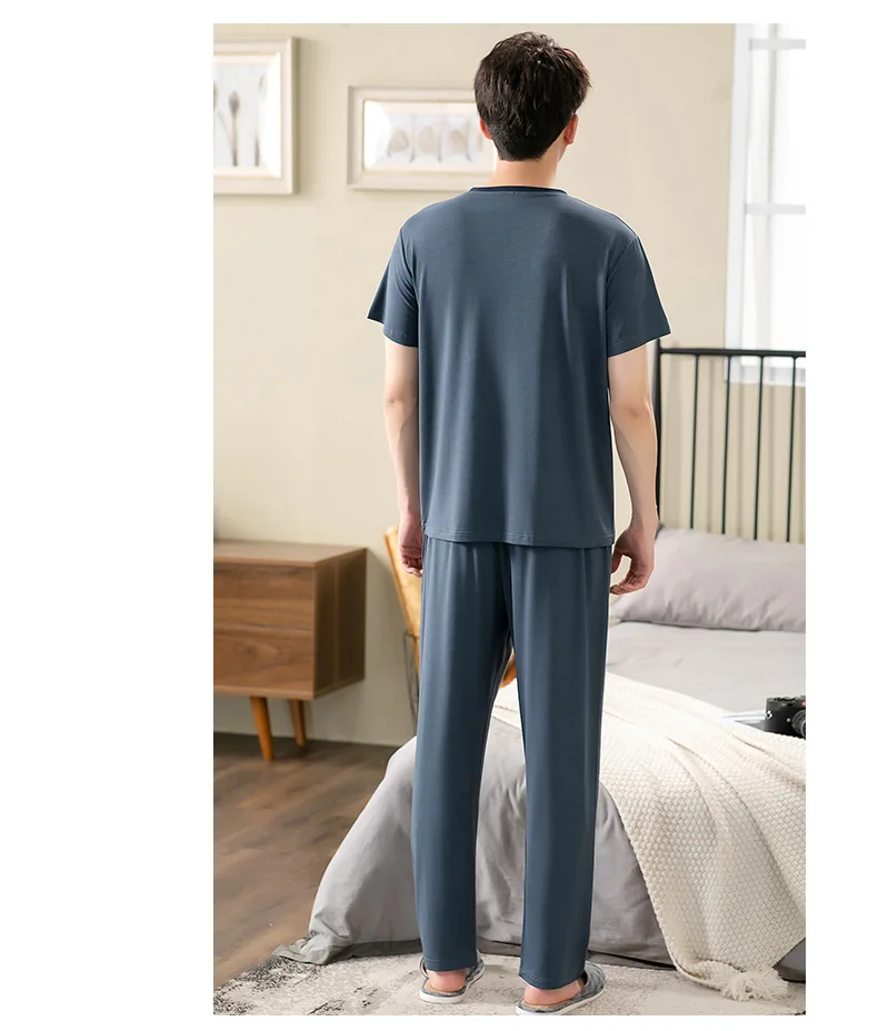 Men's Modal Cotton Pajamas Set Summer Short-Sleeve Tops + Long Pants Nightwear Home Wear Suits Simple Fashion Sleepwear for Men best silk pajamas