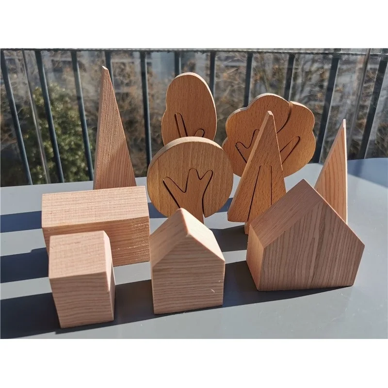 Mountain-Block-Set Wood-House Trees DIY Toy/kids Handmade Children Painting Red Beech