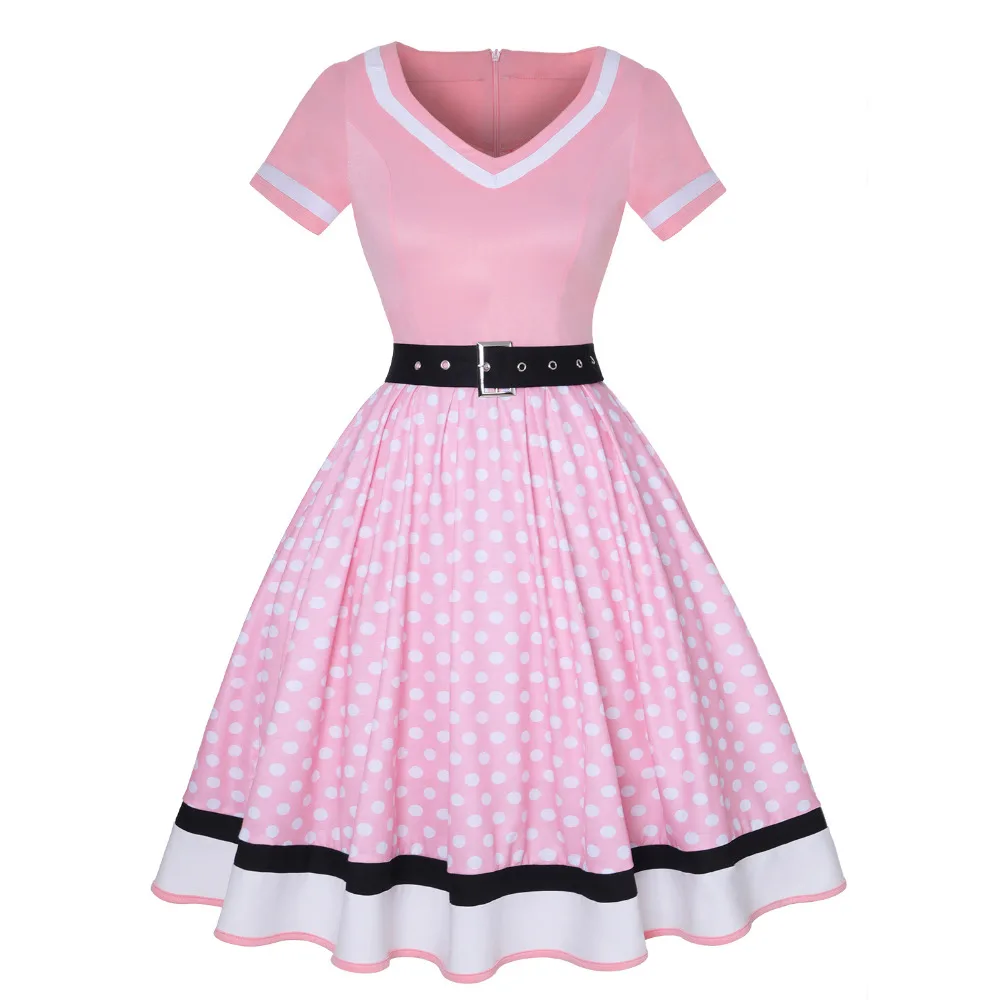 

50s 60s Women's Vintage Party Dress With Belt Polka Dot Print Short Sleeve Hepburn Oversized Robe Pin Up Swing Dresses SR226