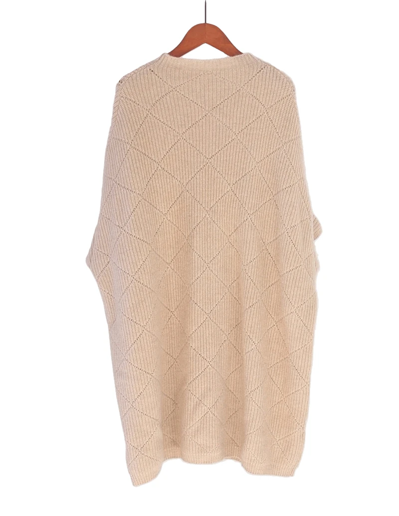 pure goat cashmere knit argyle plaid hollow out women long pullover sweater batwing short sleeve Oneck one&over size
