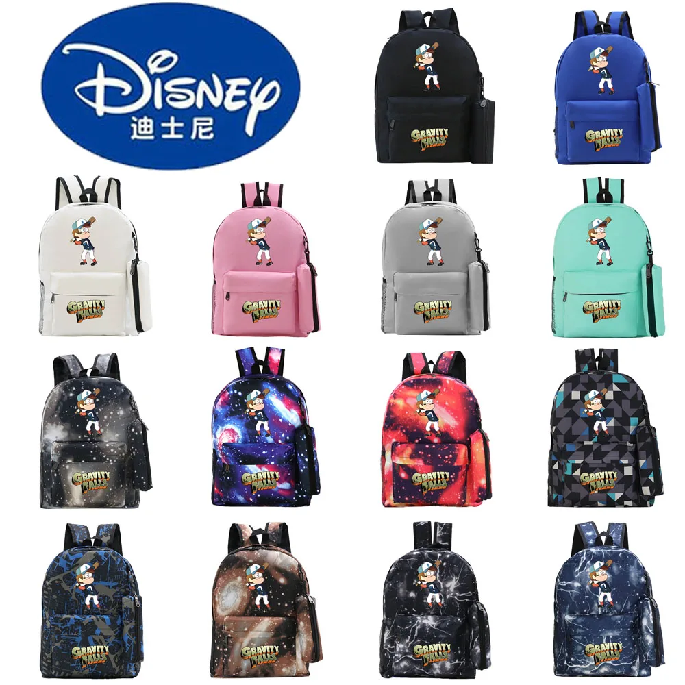 2021 New Disney Weird Town Dipper Pines Anime Print Backpack+Pencil Case Leisure Student School Bag Black Leisure Two-Piece Set