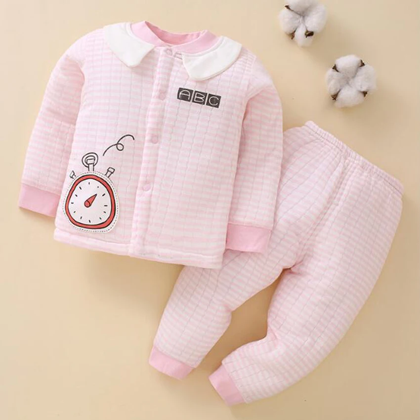 Одежда для малышей; теплый хлопковый костюм; Одежда для мальчиков и девочек; зимняя утепленная удобная дышащая одежда с милым рисунком и круглым воротником - Цвет: Pink Clock 1 pc