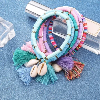 

Boho Soft Clay Shell Tassel Bracelets String Charm Color Stretch Strand For Women Bohemia Rainbow Braided Friendship Bracelet