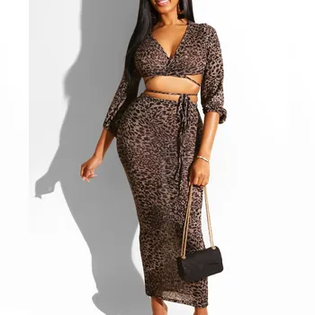 

Women Sexy V-Neck Leopard Print 2 Piece Set Streetwear Party Lace Up Crop Top And Skirt Set Bodycon Women's Set