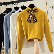 Gagarich женский свитер, Осень-зима, леопардовый принт, бант на шее, шарф, вязанные пуловеры с длинным рукавом, топы
