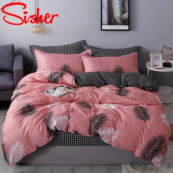

Nordic Bedding Set Leaf Printed Bed Linen Sheet Plaid Duvet Cover 240x220 Single Double Queen King Quilt Covers Sets Bedclothes