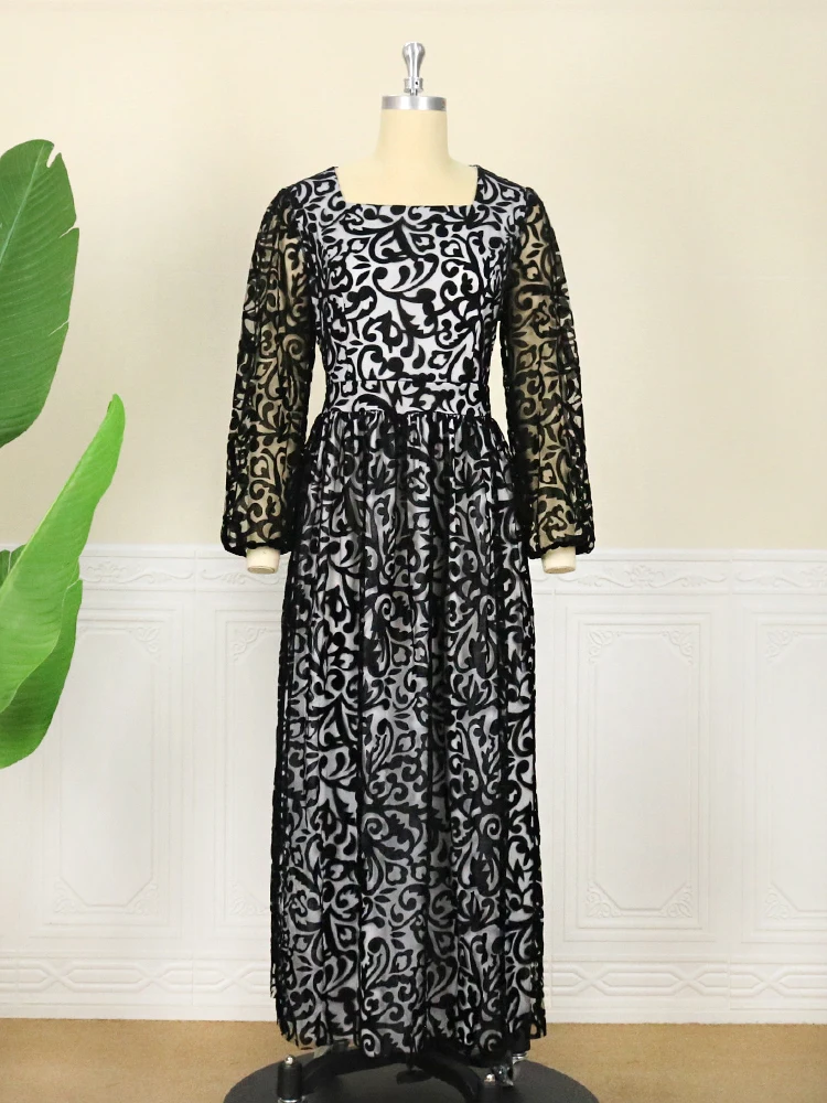 Elegant Vintage Flocking Tulle Black Maxi Dress 2