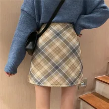 

Plaid Woolen Short Skirts Women Autumn And Winter New Lined Korean Style Retro High Waist Skirts A-Line Package Hip Skirt Female