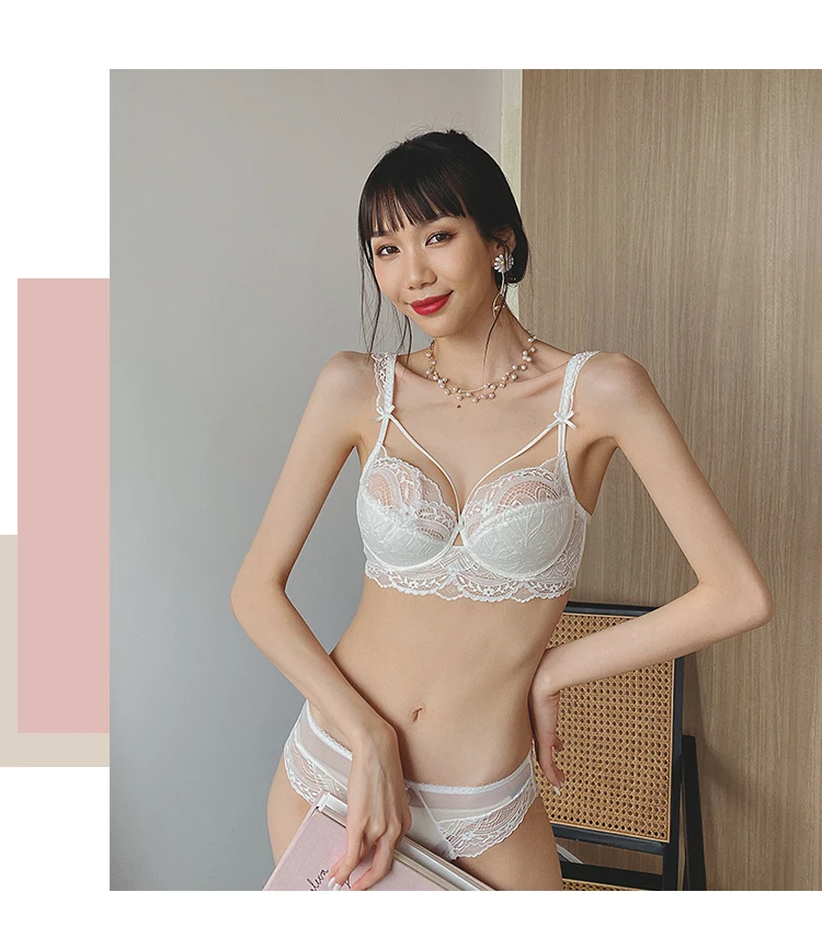 French Ultra-thin Underwear Sexy Lace Plus Size Hollow Women Push Up Bra Set Pure White C D E Cup Brassiere Temptation Bralette french knickers set