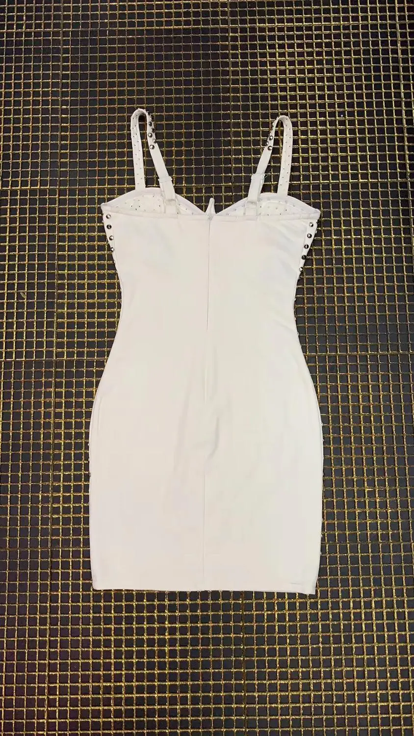 Simly Tara летнее элегантное женское платье знаменитостей для вечеринки vestidos сексуальное платье без рукавов без бретелек с заклепками Белое Облегающее Бандажное платье