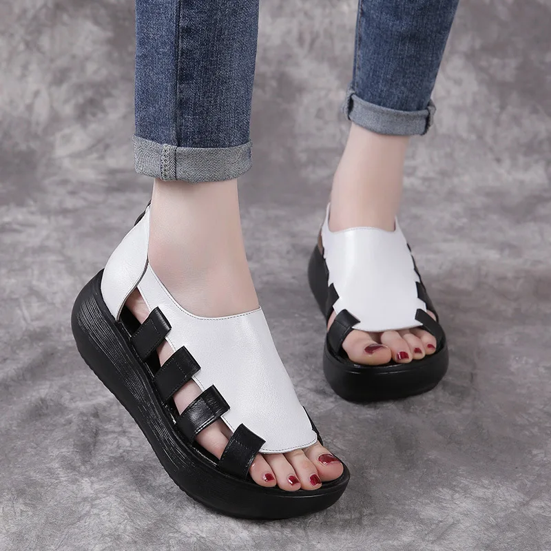 Sandalias de cuña con punta abierta para mujer, zapatos de gladiador de diseñador, cuero genuino, informales, con plataforma, para verano, 2021| Sandalias de mujer| AliExpress