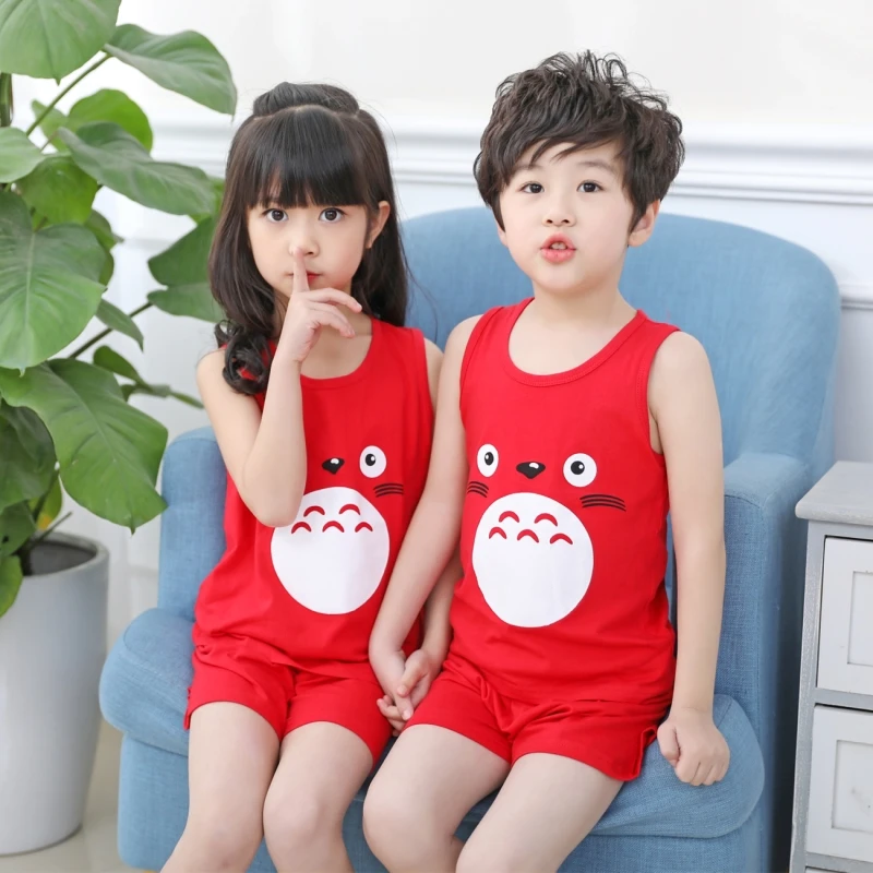 Children Summer Clothing Set For Boys Girls Vest Tops + Short Pants Shorts Cartoon Totoro Prints Cotton Kids Vests T-shirt Tees | Детская