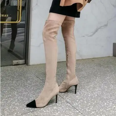 

Pointed Toe Patent Leather Nude Black Suede Woman Slim Zipper Thin Heels Over The Knee Thigh Long Boots Lady
