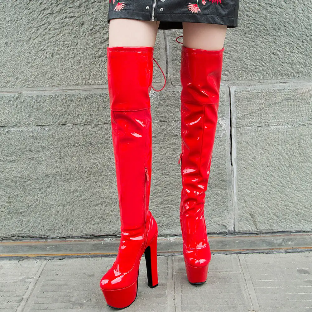 RIBETRINI Over The Knee Boots Women Vintage Square High Heels Round Toe Platform Shoes Woman Back Lace Up Patent Leather Boots