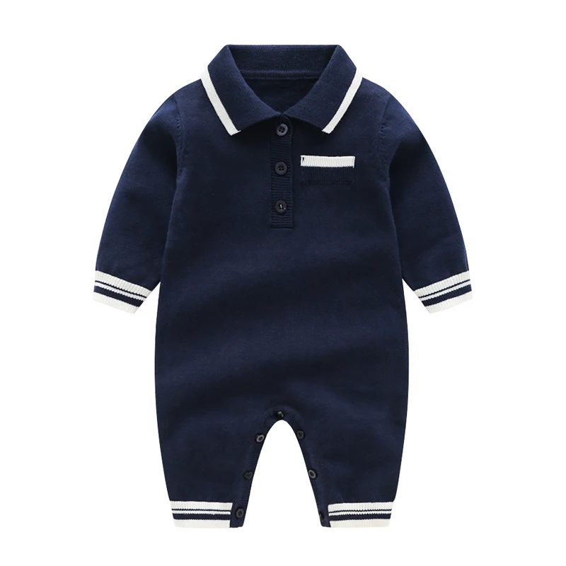 Light Blue Одежда для маленьких мальчиков, комбинезон с длинными рукавами для новорожденных, весенний цельный комбинезон с отворотом для малышей, хлопковая вязаная детская одежда - Цвет: Light Blue