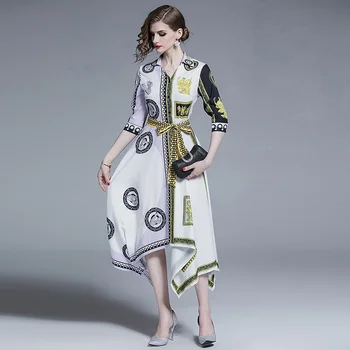 

European station 2019 Xia Fan Department court retro print dress Europe and America sexy V-neck irregular dress