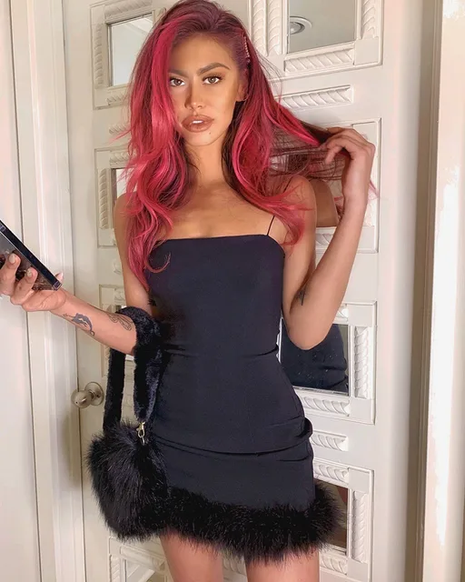 BOOFEENAA Party Dress Clubwear Pink Fuzzy Feathers Strap Mini Bandage Bodycon Dresses Sexy Outfits for Woman Fall 2019 C76-AZ83 4