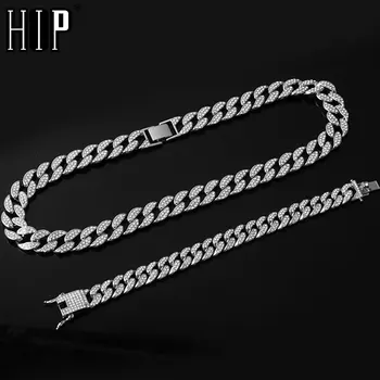 

Necklace +Watch+Bracelet Hip Hop Miami Curb Cuban Chain Gold Iced Out Paved Rhinestones CZ Bling Rapper For Men Jewelry