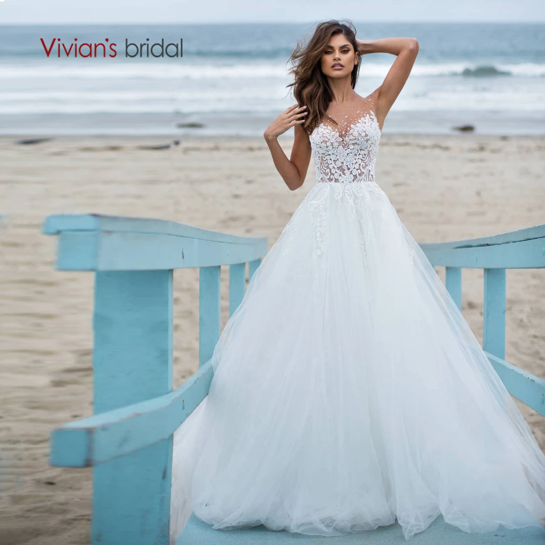 Vivian's Bridal простое мягкое Тюлевое свадебное платье элегантный кружевной с бисерной вышивкой Кнопка Иллюзия сетки развертки поезд свадебное платье