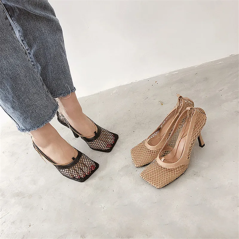 Summer New Mesh Hollow Women Pumps Square Toe Metal Chain Stiletto Heel Shoes Woman Sexy Slip On Ladies High Heels Shoes Sandals (3)