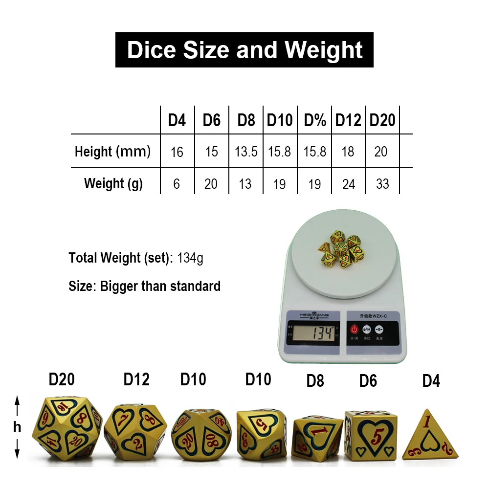 테이블 게임용 하트 스타일 주사위, 금속 주사위, RPG 주사위 포함, 다양한 색상, D4, D6, D8, D10, D12, D20, 2020, 신제품