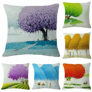 

Tree Countryside Pattern Cotton Linen Pillowcase for Home Office Sofa Seat Decor Textile Throw Printed Pillow Cover Printed