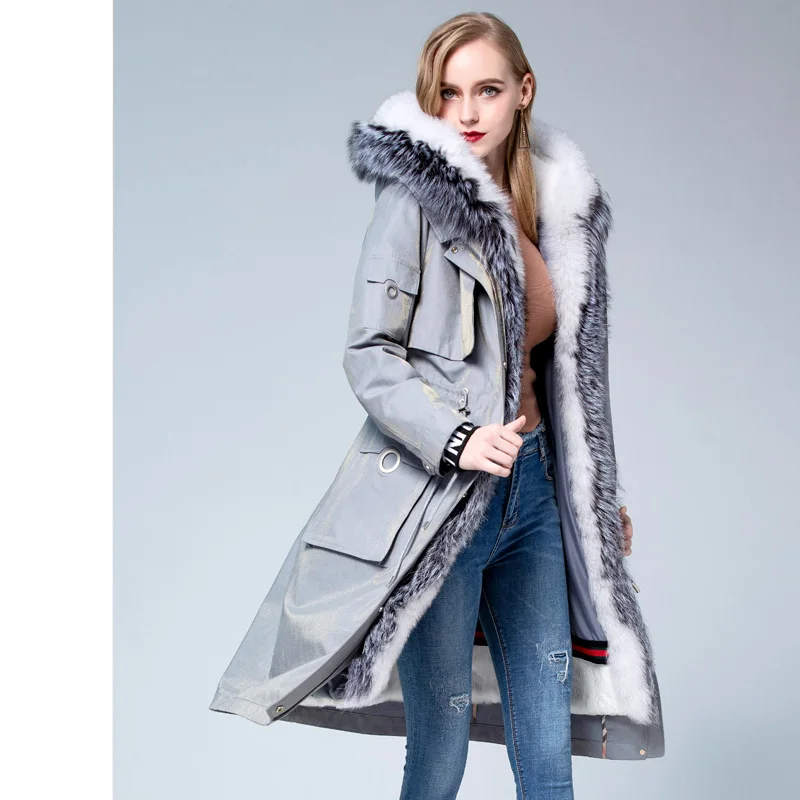 

Женская длинная парка на кроличьем меху, с воротником из лисьего меха