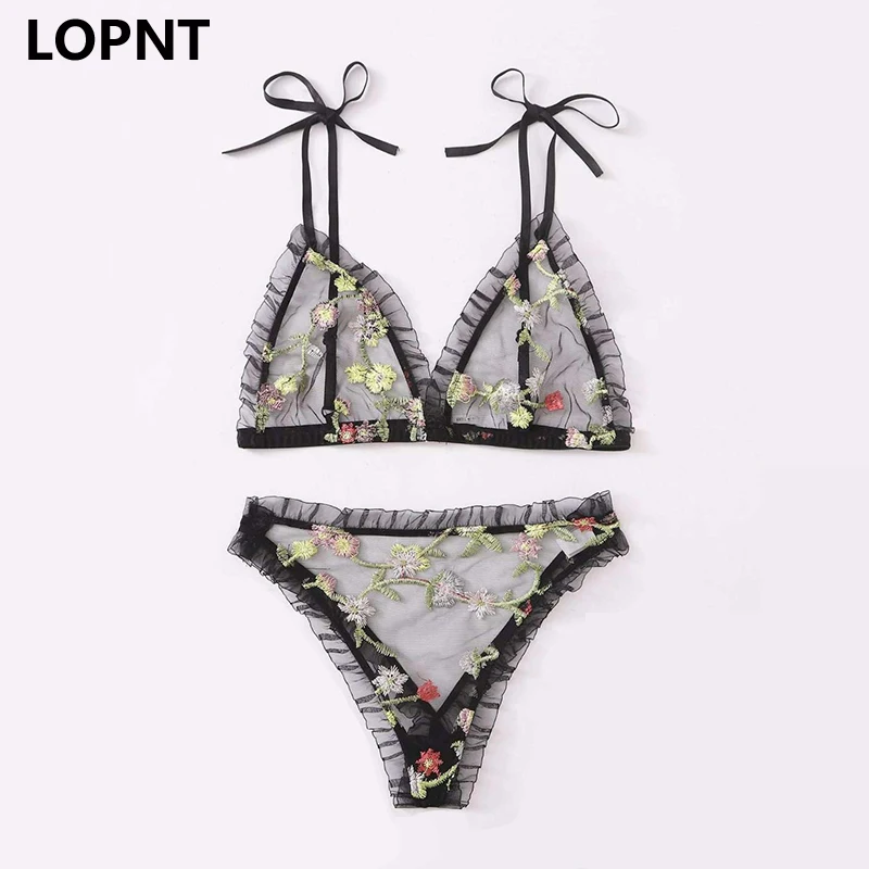 

LOPNT 2020 Underwear Women set Mesh Transparent Sexy Lingerie Wire Free Embroidered Bralette set Three-Point Underwear Intimates