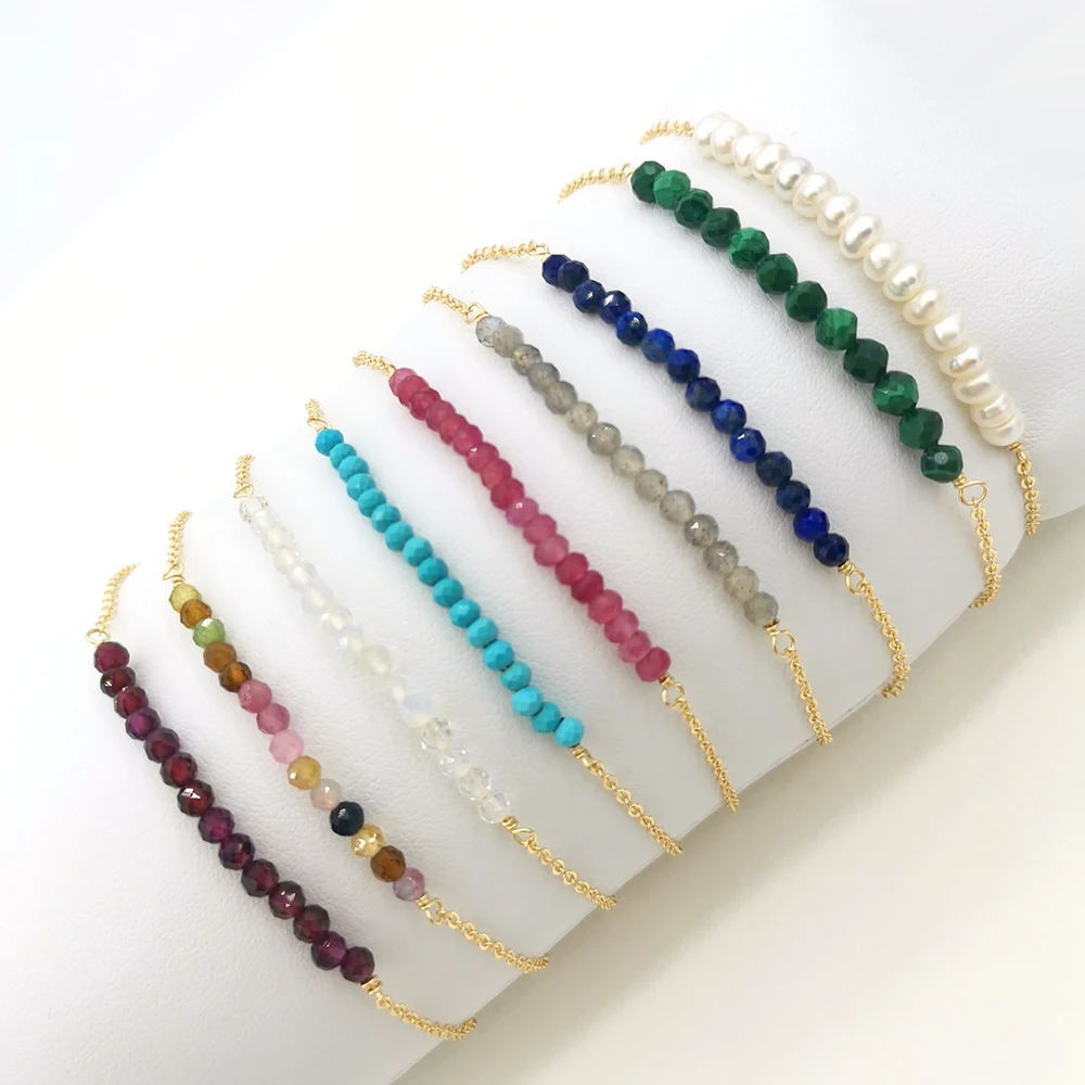 

Браслет из натурального камня, бирюза, лабрадорит, опал, гранат, лазурит, турмалин, малахит, жемчужный браслет, 14 к, золотые цепочки