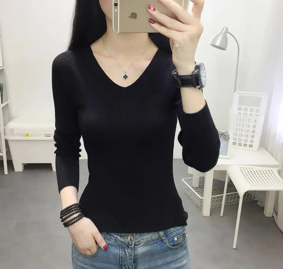 2021 basic Pullover v-neck solid autumn winter Sweater Women Female Knitted sweater slim long sleeve | Женская одежда