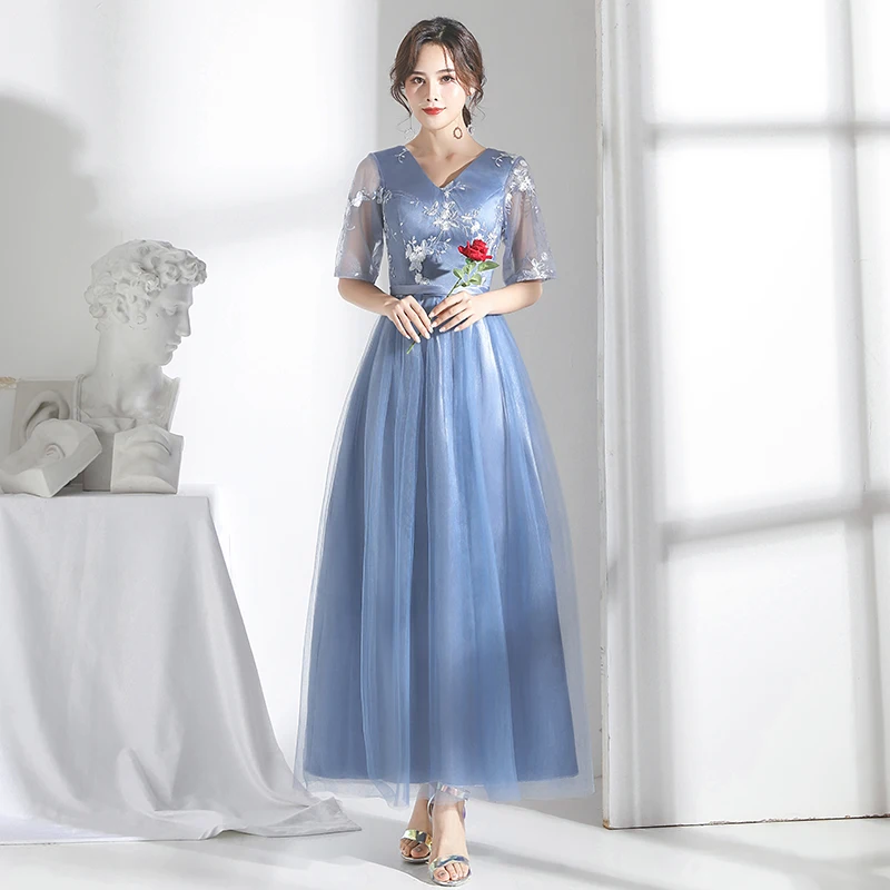Серое синее длинное Тюлевое платье подружки невесты длиной до середины икры с вышивкой элегантное женское платье трапециевидной формы для свадебной вечеринки платье для выпускного вечера Azul Royal Vestido - Цвет: A long gray blue