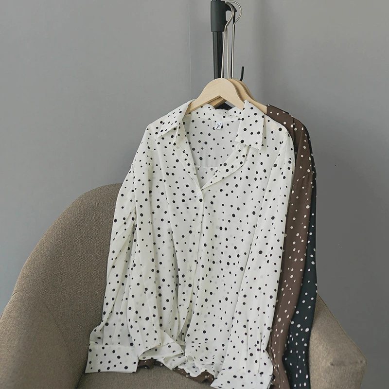  Spring Chiffon Blouse Women Elegant Polka Dot Casual Shirt Korean Viantge Long Sleeve Ladies Tops S