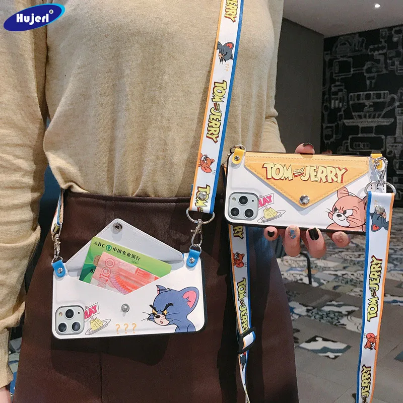 

Cartoon Case Cover For iPhone 11 Pro X XS XR XS Max 7 6 6S Plus PU Leather Luxury Case with Lanyard Wallet Cases Tom and Jerry
