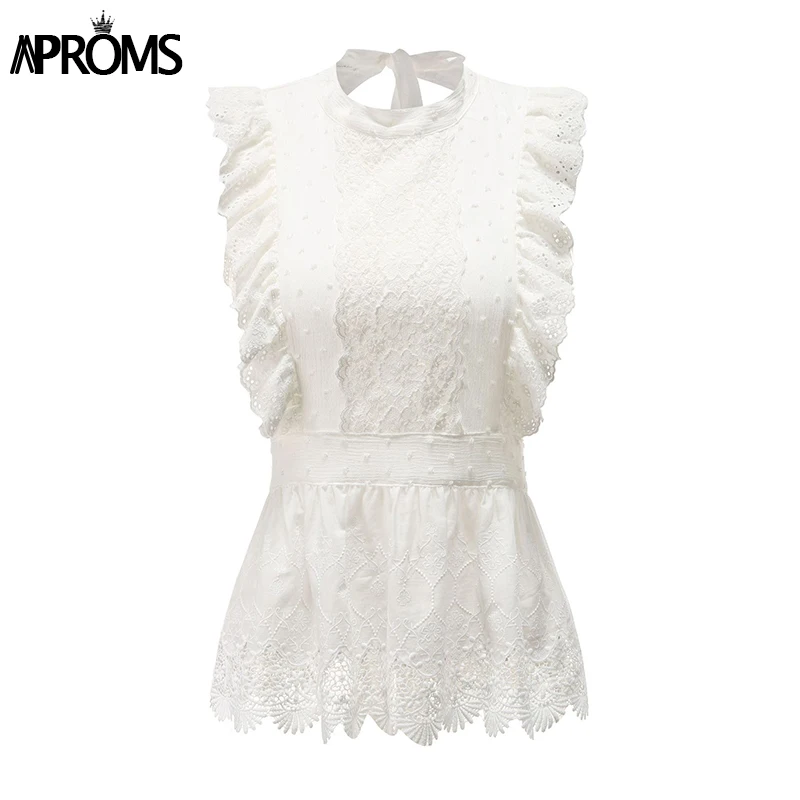  Aproms Elegant Lace Emboridery Sleeveless Blouse Shirt Women Summer Sexy White Ruffles Open Back Bo