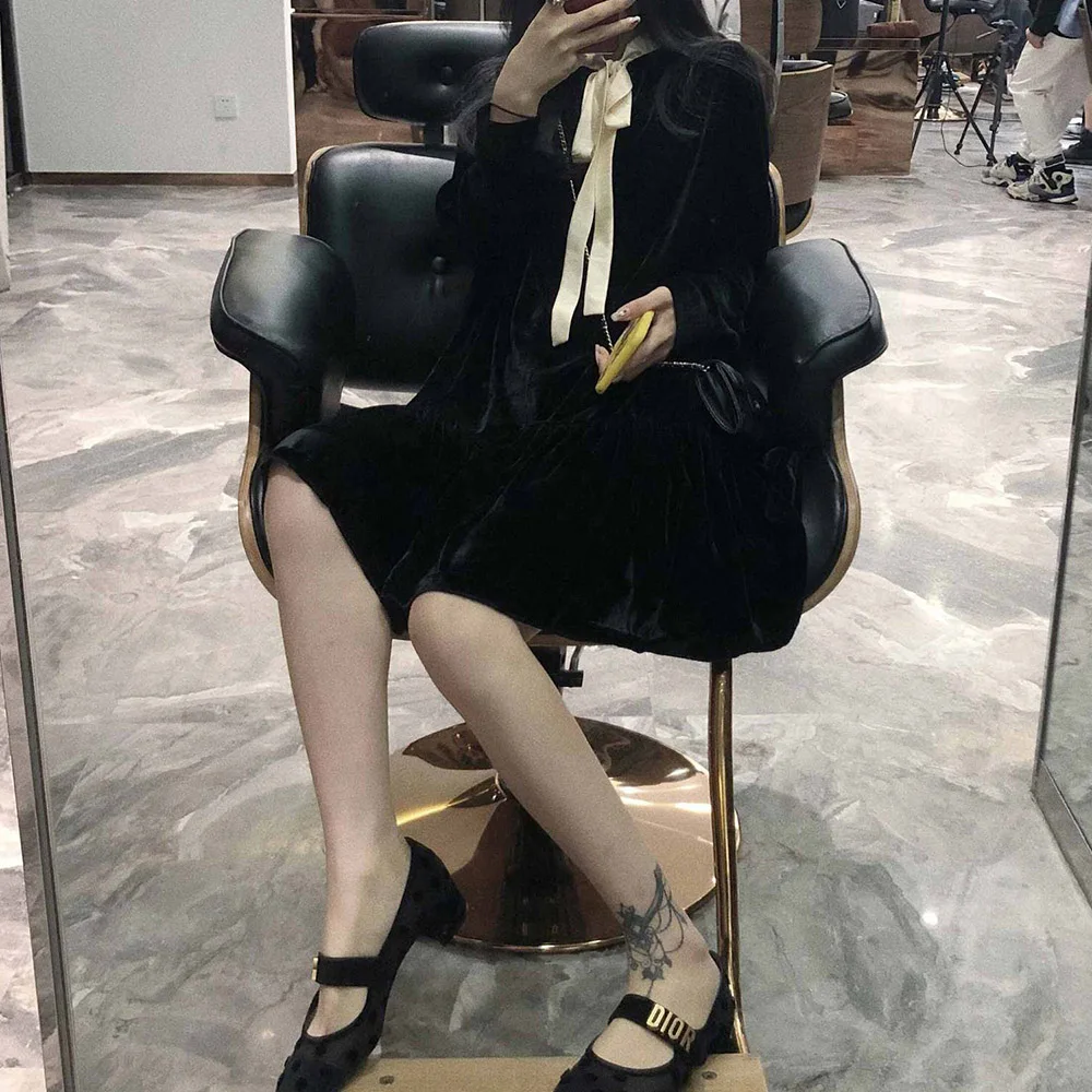 Spring 2020 New Velvet Dress Women Fashion Gothic Darkness Knee Dresses Black Girl Bow Collar Ruffle Long Sleeve Loose Vestidos | Женская