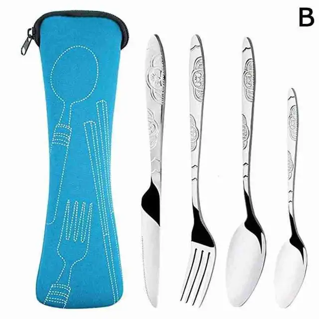 4pcs Steel Knifes Fork Spoon Family Travel Camping Cutlery Eyefuldiving Bag Picnic Steak Steel Cutlery Set Blue