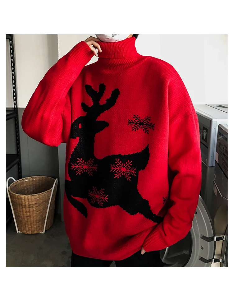 Winter Turtleneck Sweater Men's Warm Fashion Print Casual Knit Sweater Man Street Wild Loose Long Sleeve Pullover Men Clothes