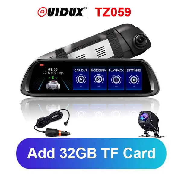QUIDUX 1" сенсорный экран 1080P зеркало заднего вида, Автомобильный видеорегистратор, камера с двумя объективами, автомобильная камера, видеорегистратор с резервной камерой 1080p - Название цвета: TZ059Add32GBTFCard