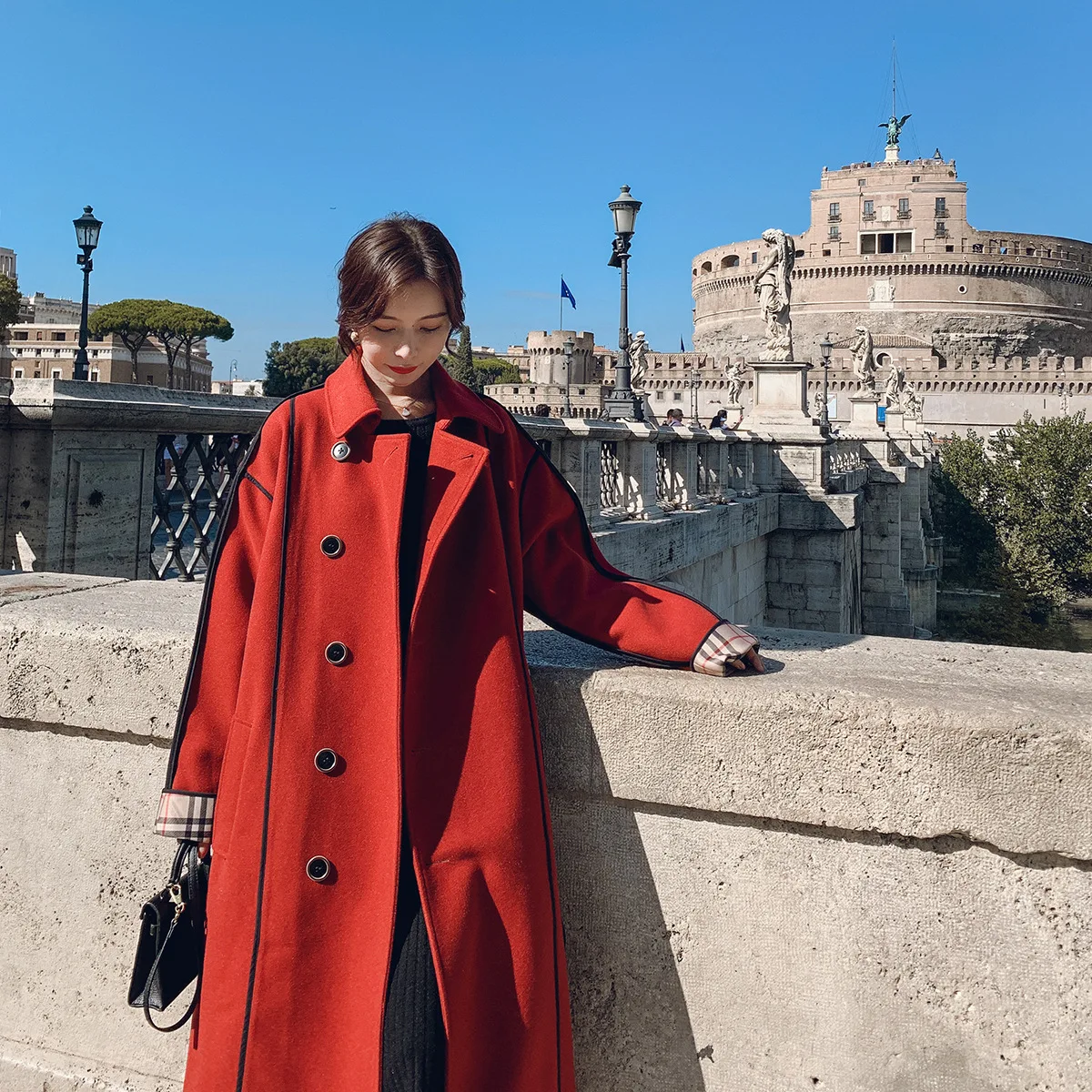 

Red Woolen Jacket Women's Autumn And Winter Thick Mid-length Retro Elegant Waist Hugging Slimming Slim Fit Woolen Overcoat