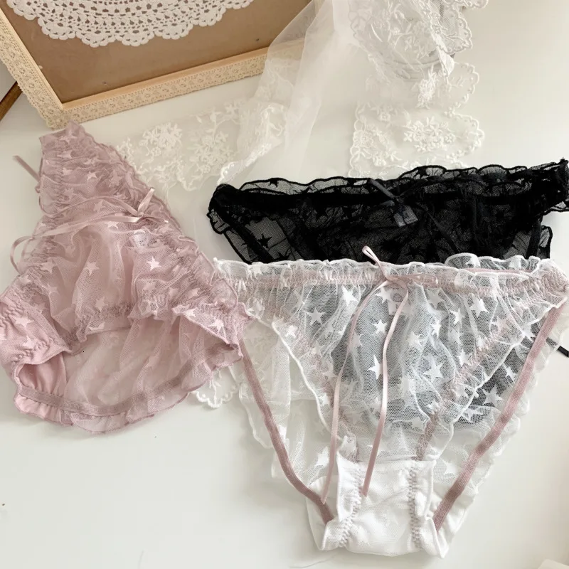 

Lolita Lovely Embroidery Stars Bow Lace Sexy Underwear For Women Hollow Out Transparent Panties Micro Briefs Female Lingerie