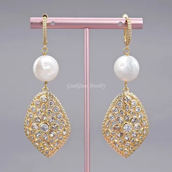 

GG Jewelry 3.1'' White Coin Pearl Gold Plated CZ Earrings