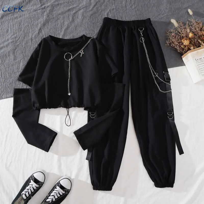 Emo Clothes Women Harajuku Cargo Pants Suit Joggers Trousers Two piece Set  Punk Pants with Chain E-girl Alt Clothes Aesthetic - AliExpress