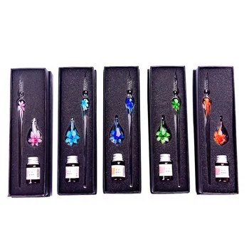 

1 Pcs Colorful Glass Drip Fountain Pen Vintage Crystal Floral Glass Dip Pen Sign Ink Pens With Gift Box Featival Party Gifts