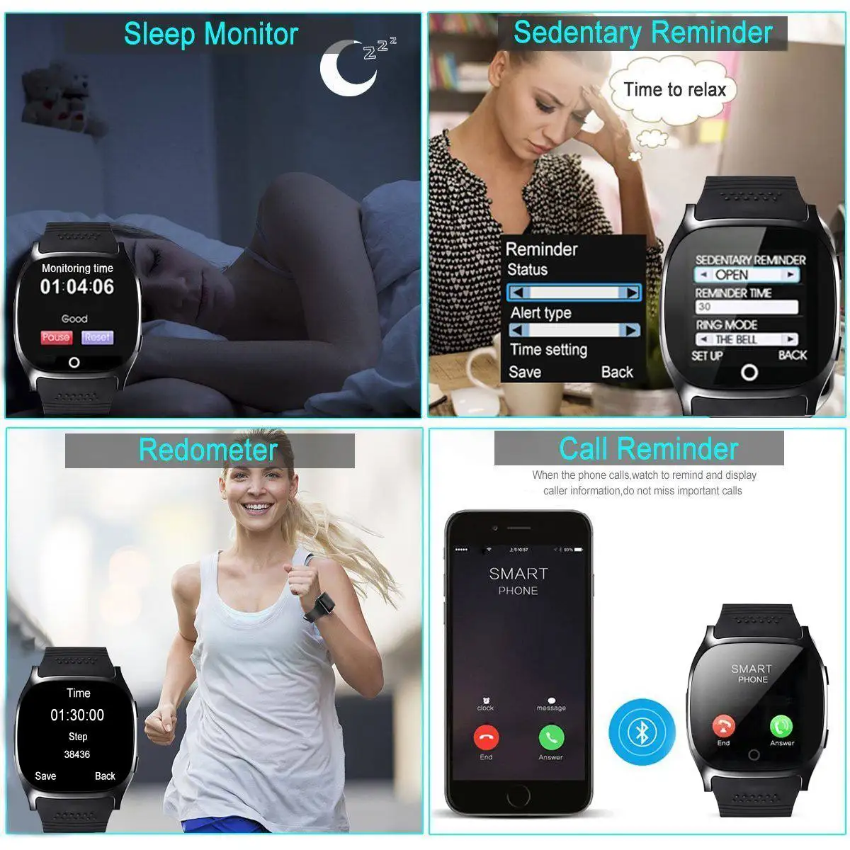 LYNWO T8 1.54-inch MTK6261D Smart Watch Men Women bluetooth Music Control Pedometer TF Card Extend GSM Smartwatch Wristband